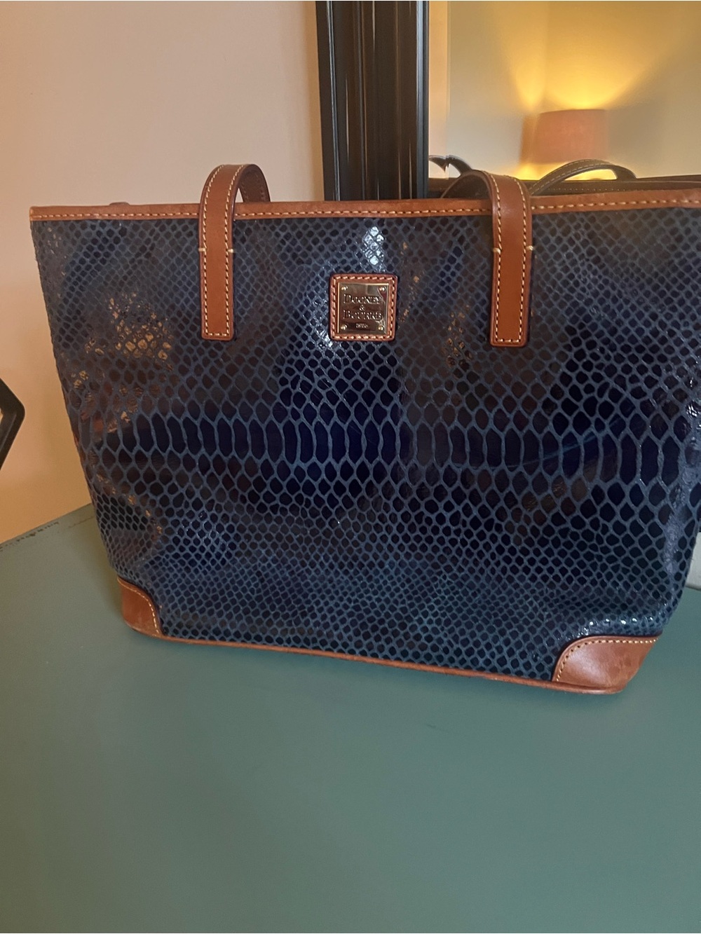 Dooney & Bourke Navy Snakeskin-Embossed Tote with Red Interior